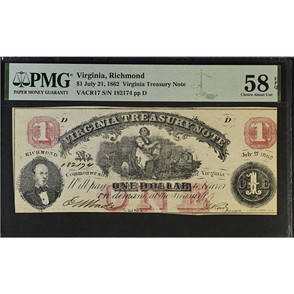 UNITED STATES CIVIL WAR: CONFEDERACY: Virginia 1 dollar, 21.7.1862, PMG graded AU58 EPQ
