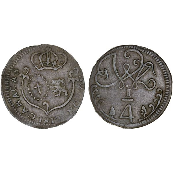 VENEZUELA: Caracas, AE 1/4 real, 1817, XF