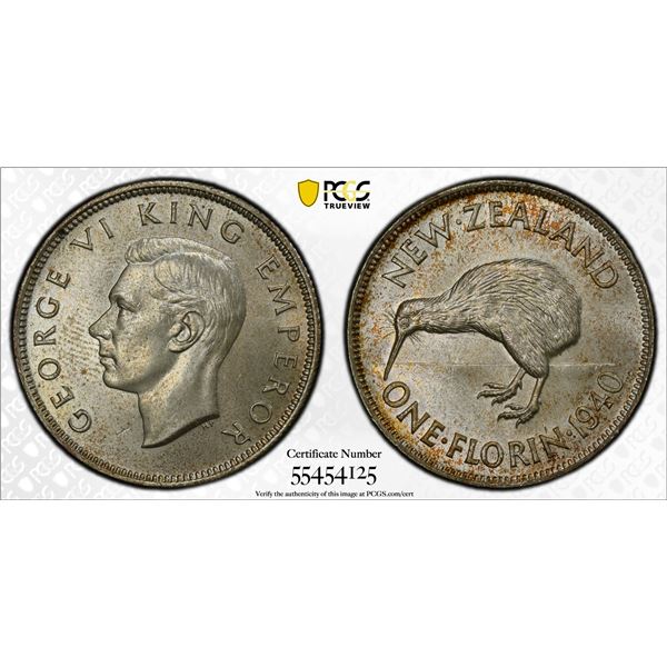 NEW ZEALAND: George VI, 1936-1952, AR florin, 1940, PCGS MS64