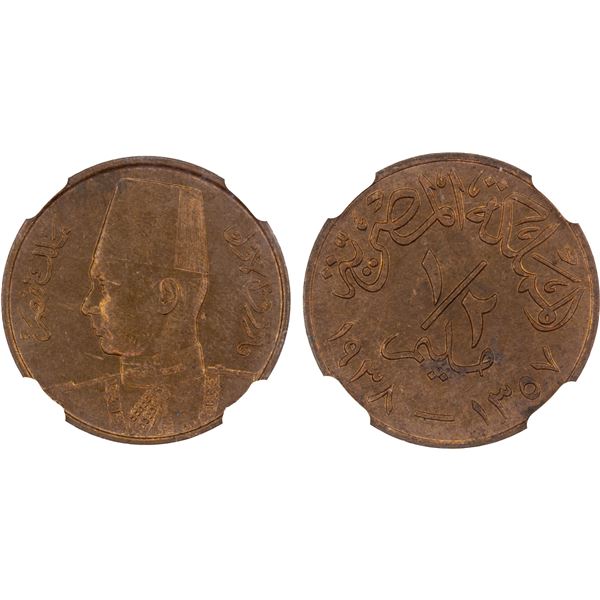 EGYPT: Farouk, 1936-1952, AE 1/2 millieme, 1938/AH1357, NGC MS62 RB