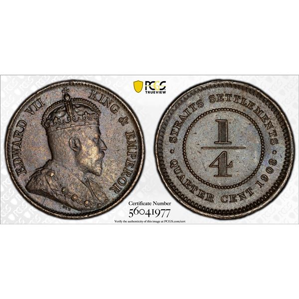 STRAITS SETTLEMENTS: Edward VII, 1901-1910, AE 1/4 cent, 1908, PCGS MS62 BN