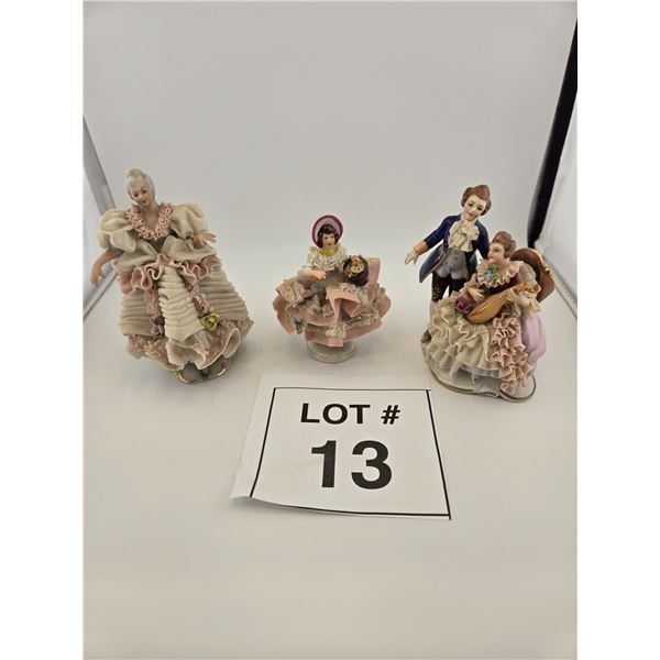 GROUP OF 3 DRESDEN-STYLE PORCELAIN LACE FIGURINES (GERMAN)