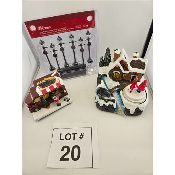 MIXED CHRISTMAS VILLAGE DECORATIONS WITH LIGHTED HOUSE, FIGURES, AND ACCESSORIES