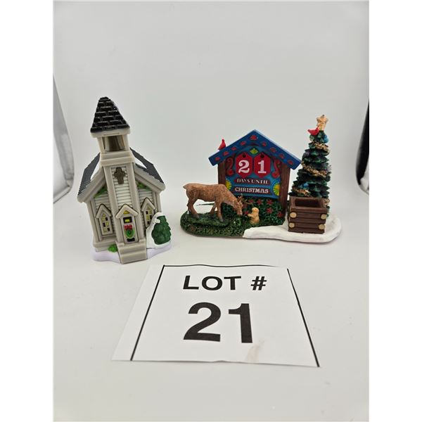 CHRISTMAS VILLAGE DÉCOR LOT WITH CHURCH AND “DAYS UNTIL CHRISTMAS” COUNTDOWN DISPL