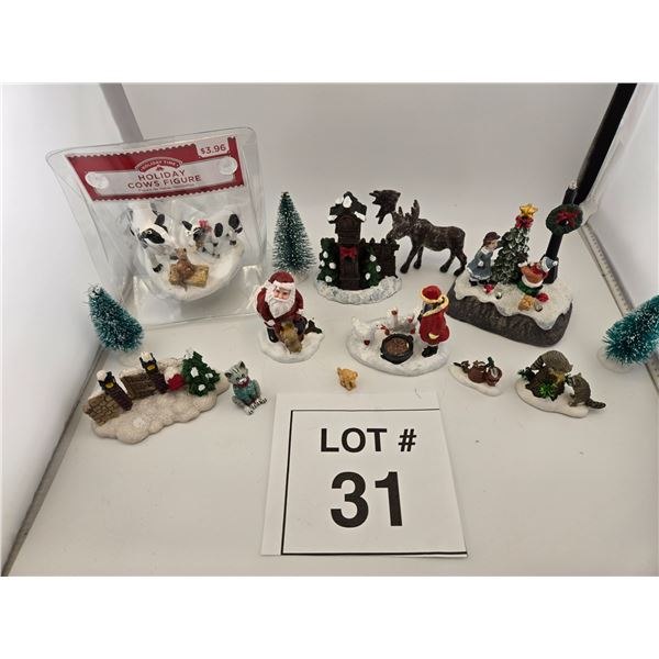 ASSORTED MINIATURE CHRISTMAS VILLAGE FIGURINES AND TREES