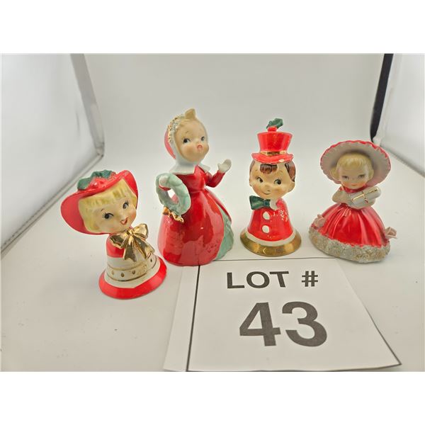 VINTAGE CERAMIC CHRISTMAS BELL GIRL FIGURINES (JAPAN, MID-CENTURY, 4 PCS)