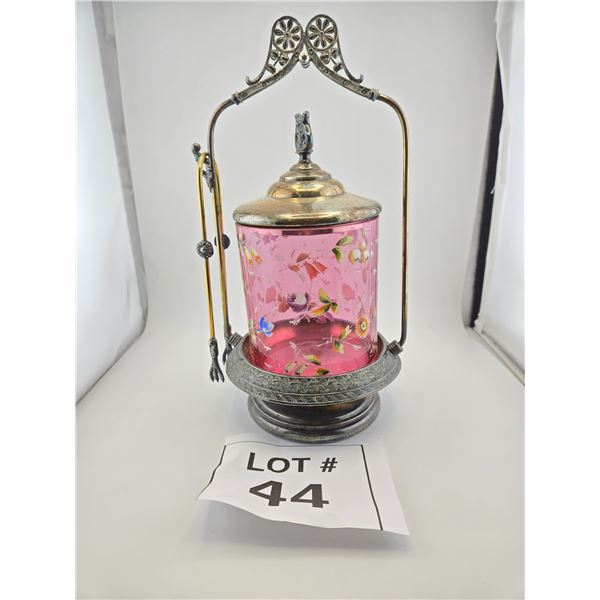 VICTORIAN SILVERPLATE PICKLE CASTOR WITH HAND-PAINTED PINK GLASS INSERT AND TONGS