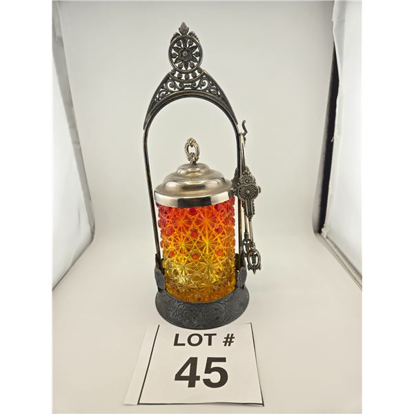 ANTIQUE AMBERINA-STYLE PRESSED GLASS PICKLE CASTOR WITH TONGS