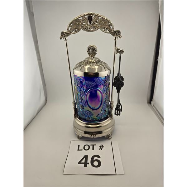 ANTIQUE IRIDESCENT BLUE GLASS PICKLE CASTOR WITH SILVERPLATE FRAME AND TONGS