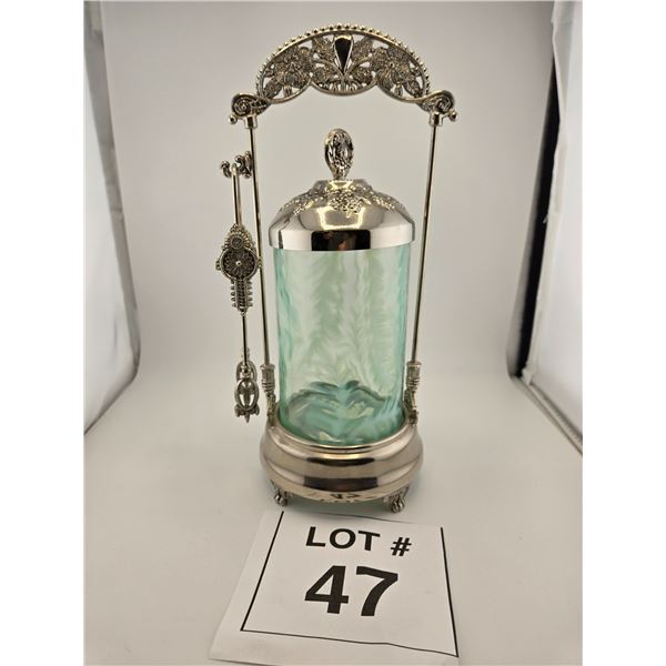 ANTIQUE GREEN SLAG GLASS PICKLE CASTOR WITH SILVERPLATE FRAME AND TONGS