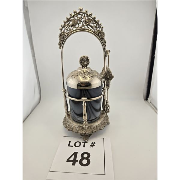 VICTORIAN BLACK GLASS PICKLE CASTOR WITH ORNATE SILVERPLATE STAND AND TONGS