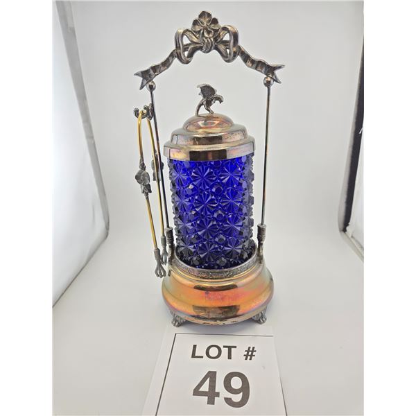 ANTIQUE COBALT BLUE PRESSED GLASS PICKLE CASTOR WITH SILVERPLATE FRAME AND TONGS