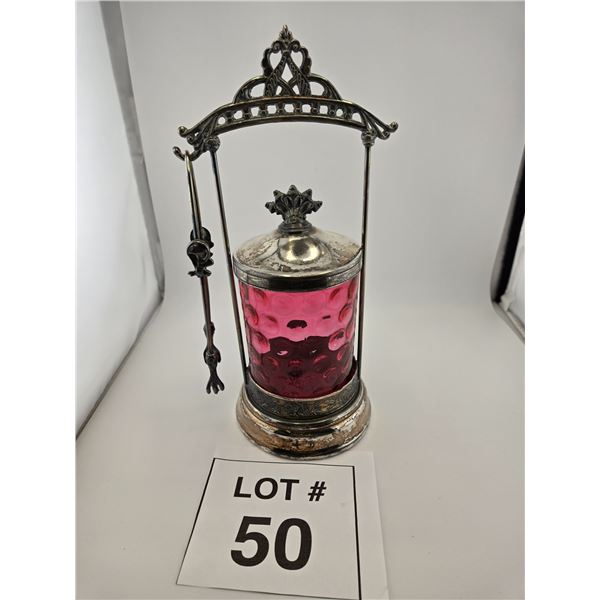 VICTORIAN CRANBERRY GLASS PICKLE CASTOR WITH SILVERPLATE FRAME AND TONGS
