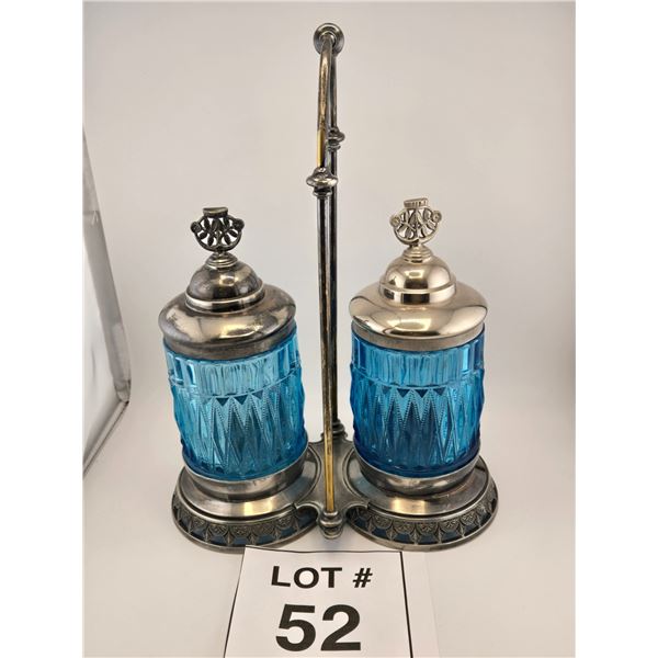 ANTIQUE DOUBLE BLUE GLASS PICKLE CASTOR SET WITH SILVERPLATE STAND