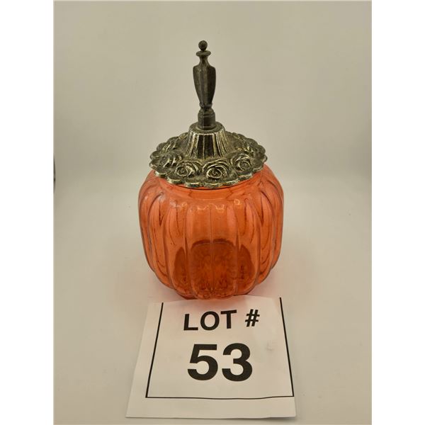 ANTIQUE AMBER PRESSED GLASS LIDDED CONDIMENT JAR WITH SILVERPLATE TOP