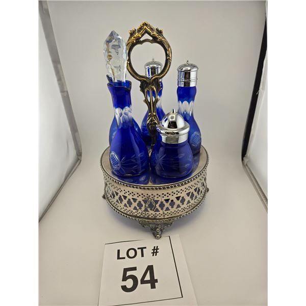 VINTAGE COBALT BLUE ETCHED GLASS CRUET 