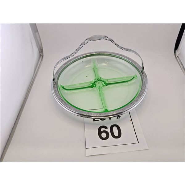 GREEN DEPRESSION GLASS DIVIDED RELISH TRAY WITH METAL CARRIER