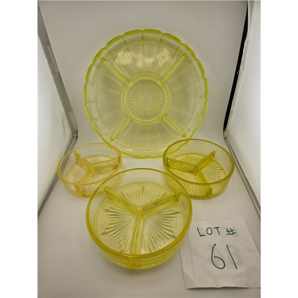 YELLOW DEPRESSION GLASS DIVIDED SERVING BOWLS 