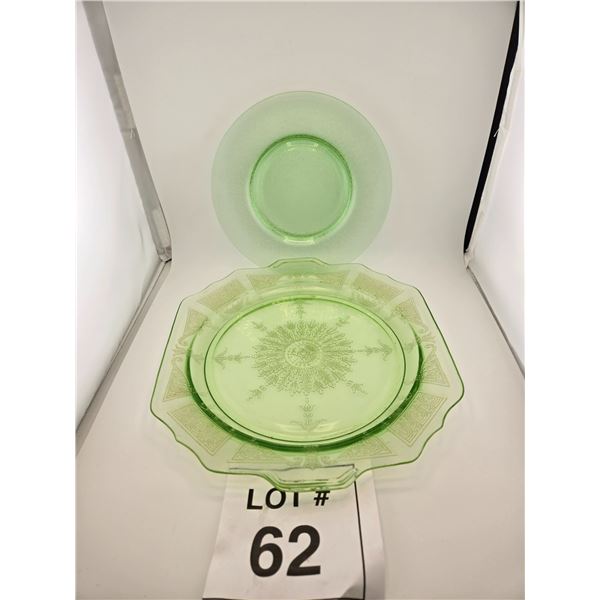 GREEN DEPRESSION GLASS PLATES – ETCHED PATTERN PAIR (2 PCS)
