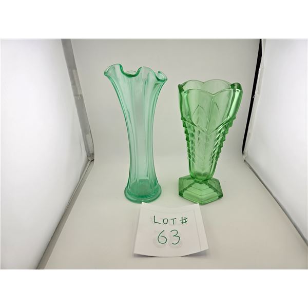 GREEN DEPRESSION GLASS VASES (2 PCS)