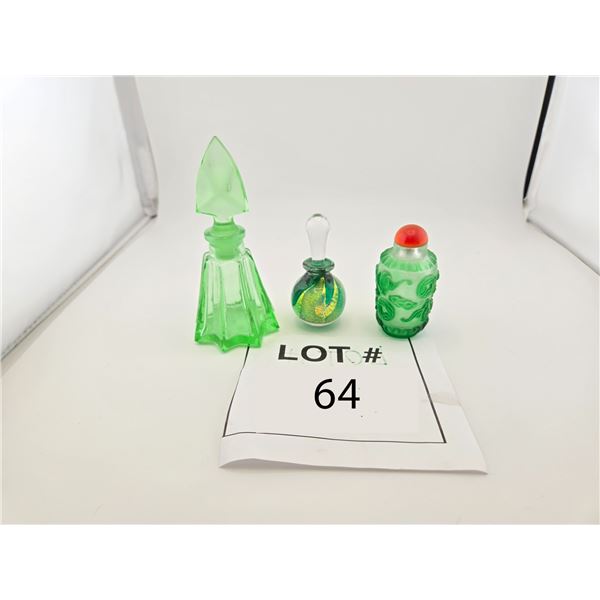 VINTAGE GREEN GLASS PERFUME / VANITY BOTTLES (3 PCS)