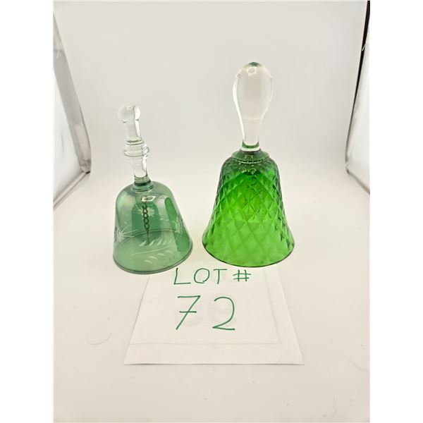 GREEN CUT AND ETCHED GLASS BELLS (2 PCS)