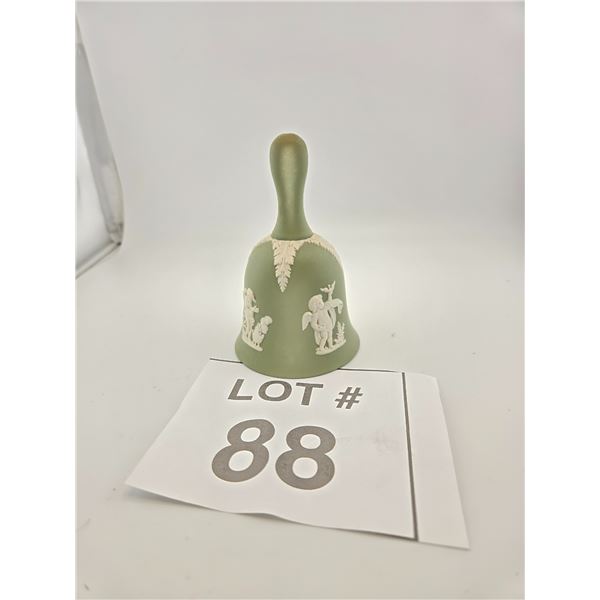 GREEN JASPERWARE-STYLE BELL WITH CHERUB RELIEF DECORATION