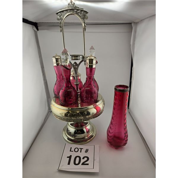 MERIDEN B. CO. CRANBERRY GLASS CRUET SET WITH SILVERPLATE STAND