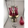 Image 3 : MERIDEN B. CO. CRANBERRY GLASS CRUET SET WITH SILVERPLATE STAND