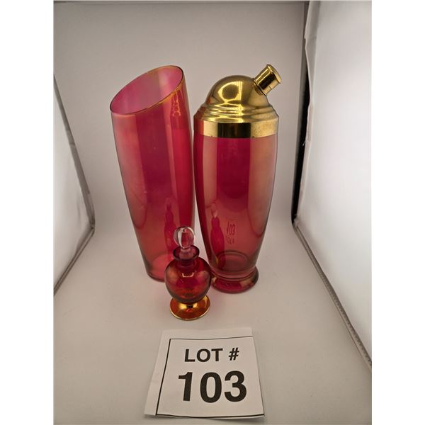 CRANBERRY GLASS COCKTAIL SHAKER AND ASSORTED (3 PCS)