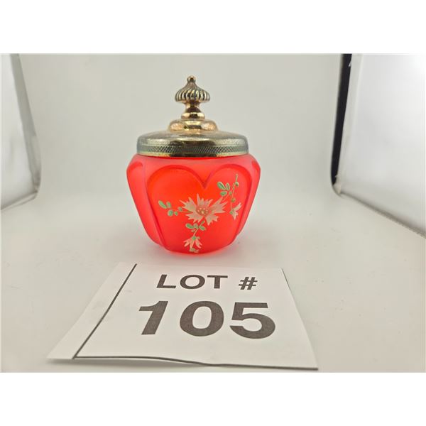 RED GLASS DRESSER JAR WITH ENAMEL FLORAL DECORATION