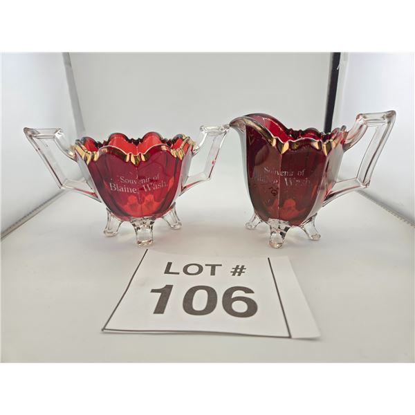 PAIR OF RUBY GLASS “SOUVENIR OF BLAINE, WASHINGTON” CREAMERS