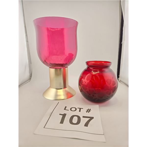 TWO CRANBERRY GLASS DECORATIVE VASES WITH GILT ACCENTS