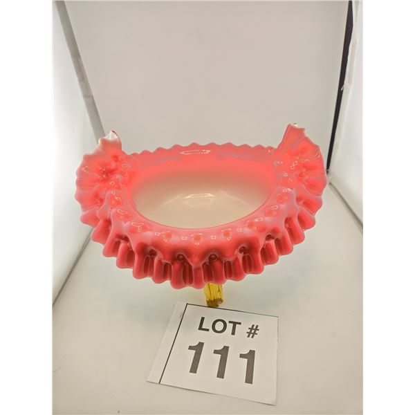 VICTORIAN CRANBERRY OPALESCENT RUFFLED GLASS BOWL WITH APPLIED FEET