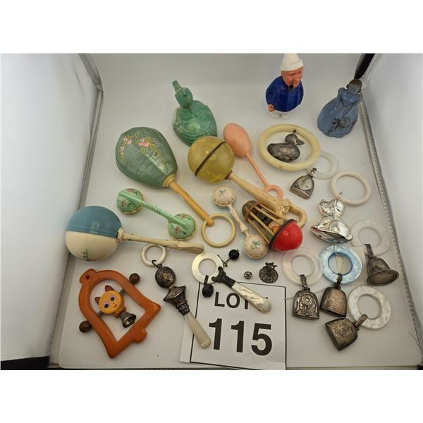 MIXED GROUP OF VINTAGE BABY RATTLES, TEETHING RINGS, BELLS, AND NOVELTY TOYS