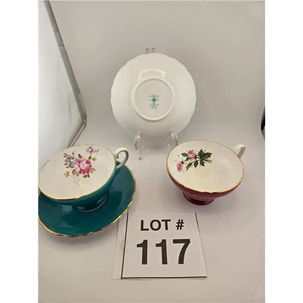 TWO BONE CHINA TEACUPS AND SAUCERS, FLORAL DECOR, CROWN STAFFORDSHIRE (TWO PAIRS)