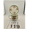 Image 1 : VINTAGE FLORAL PORCELAIN TEACUP AND SAUCER WITH GREEN GILT BORDER
