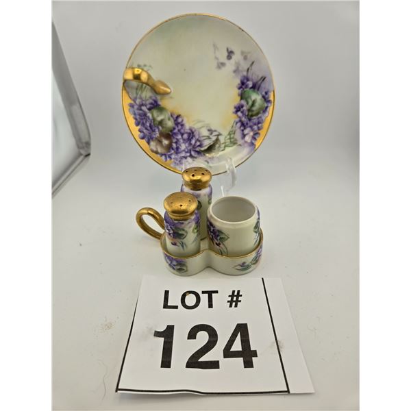 VINTAGE JAPANESE HAND-PAINTED PORCELAIN CONDIMENT SET WITH TRAY