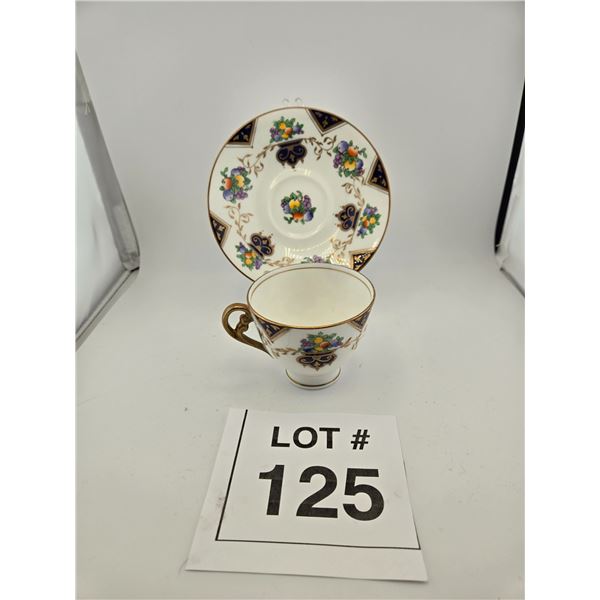 ADDERLEY BONE CHINA TEACUP AND SAUCER WITH FRUIT MOTIF, ENGLAND
