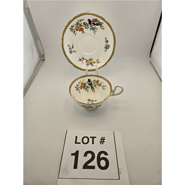 AYNSLEY BONE CHINA TEACUP AND SAUCER WITH BIRD 