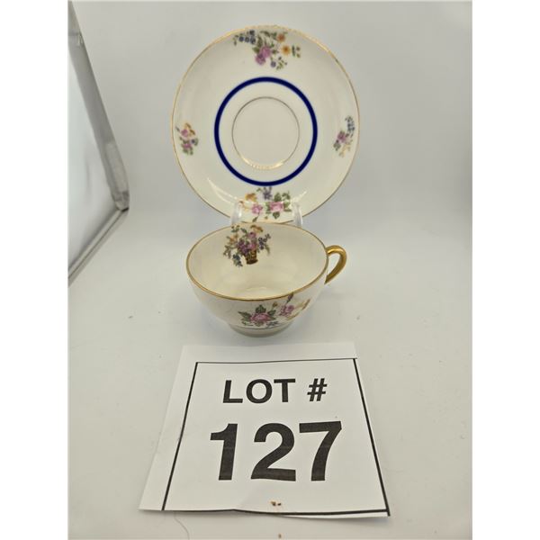 LIMOGES FRANCE PORCELAIN TEACUP AND SAUCER WITH FLORAL DECORATION