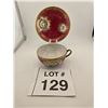Image 1 : JAPANESE HAND-PAINTED GILT PORCELAIN TEACUP AND SAUCER WITH FLORAL MEDALLIONS