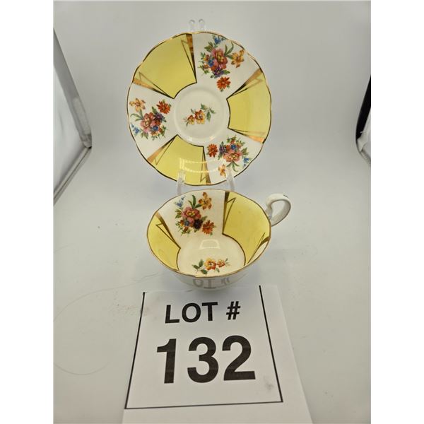 RADFORDS ENGLISH BONE CHINA TEACUP AND SAUCER, FLORAL YELLOW GILT, 1930–1950