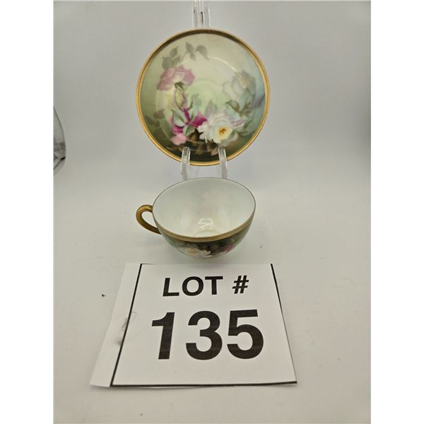 BAVARIAN HAND-PAINTED FLORAL TEACUP AND SAUCER WITH GILT TRIM, 1900–1930