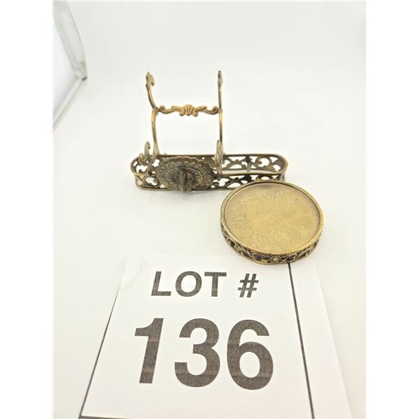 ANTIQUE BRASS VANITY OR DESK STAND WITH DECORATIVE PIERCED WORK