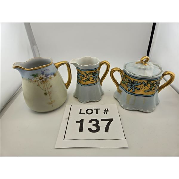 ANTIQUE PORCELAIN CREAMER, SUGAR BOWL 