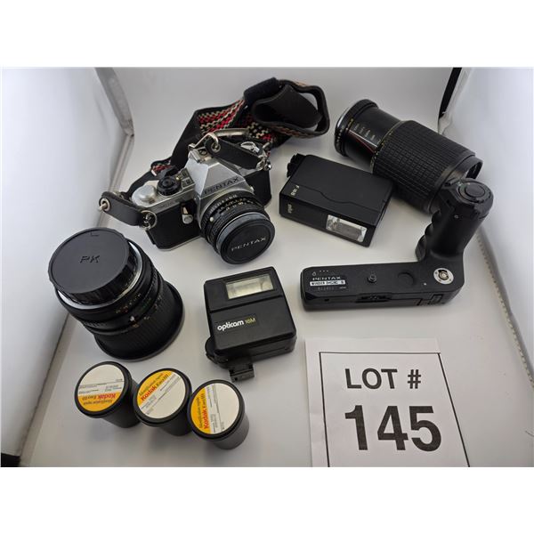 PENTAX 35MM FILM CAMERA KIT WITH LENSES, FLASH, WINDER, AND CANON POWERSHOT DIGITAL CAMERA