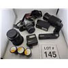 Image 1 : PENTAX 35MM FILM CAMERA KIT WITH LENSES, FLASH, WINDER, AND CANON POWERSHOT DIGITAL CAMERA
