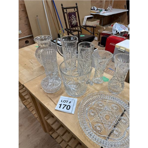 CUT CRYSTAL TABLEWARE LOT INCLUDING PITCHER, ICE BUCKET, VASE 