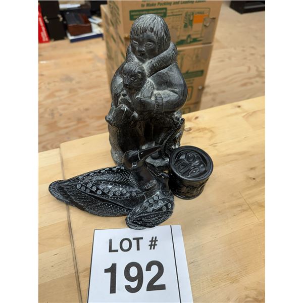 HAND CARVED CANADIAN INUIT STONE SCULPTURE WITH CARVED BIRD AND CONTAINER